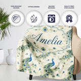 Vintage Peacock Birds with Floral Garden Background Seamless  Personalised Custom Name Super Soft Fleece Blanket Bed Sofa Throw
