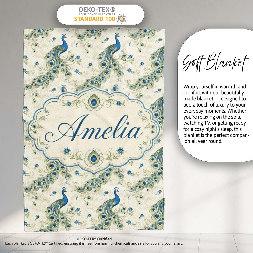 Vintage Peacock Birds with Floral Garden Background Seamless  Personalised Custom Name Super Soft Fleece Blanket Bed Sofa Throw
