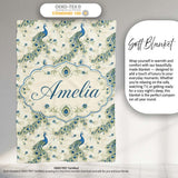Vintage Peacock Birds with Floral Garden Background Seamless  Personalised Custom Name Super Soft Fleece Blanket Bed Sofa Throw