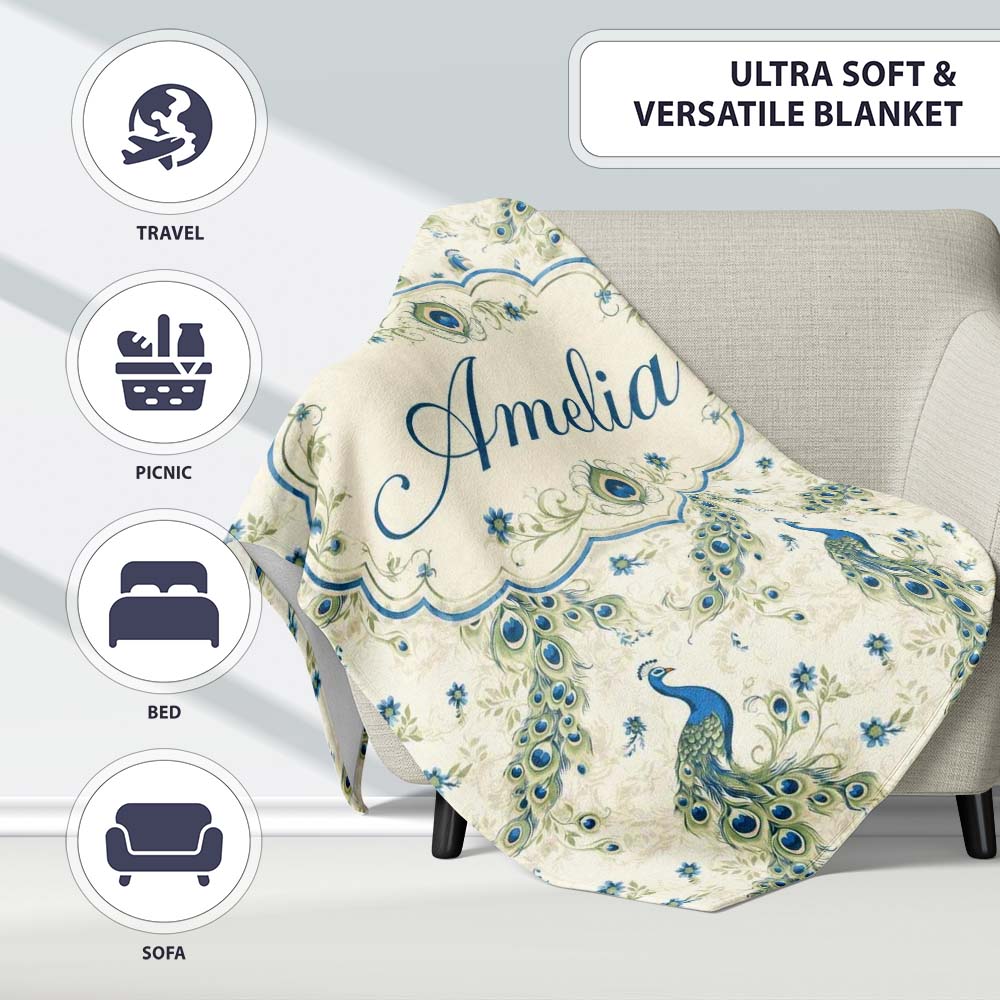 Vintage Peacock Birds with Floral Garden Background Seamless  Personalised Custom Name Super Soft Fleece Blanket Bed Sofa Throw