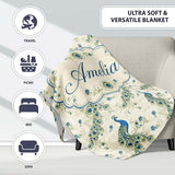 Vintage Peacock Birds with Floral Garden Background Seamless  Personalised Custom Name Super Soft Fleece Blanket Bed Sofa Throw