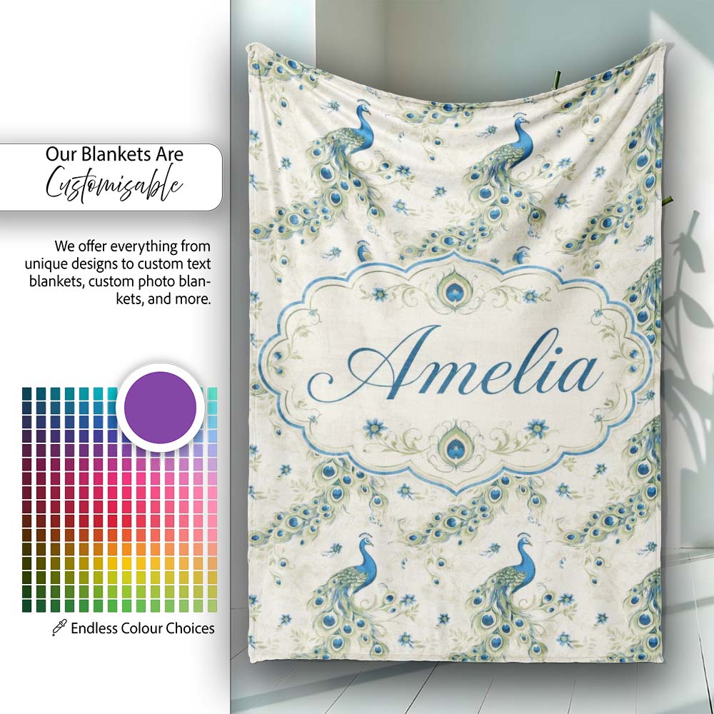 Vintage Peacock Birds with Floral Garden Background Seamless  Personalised Custom Name Super Soft Fleece Blanket Bed Sofa Throw