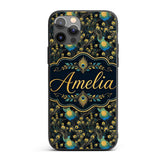 Luxury Dark Peacock Feathers with Gold Details Custom Name Protective Phone Case Mobile Cover Durable Everyday Smartphone Shock Resistant