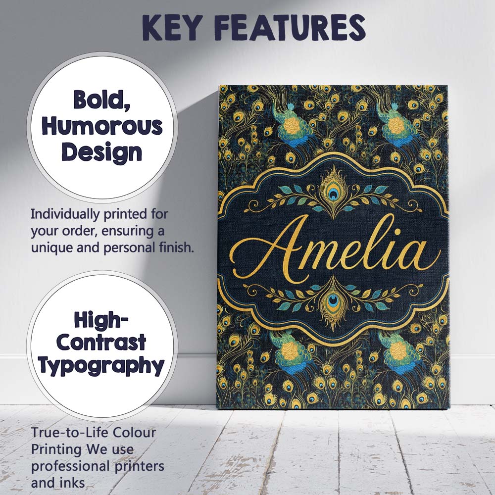 Personalised Name Luxury Dark Peacock Custom Modern Room Accent Creative Decorator Style Canvas Wall Art Print Decor Picture Ready to Hang