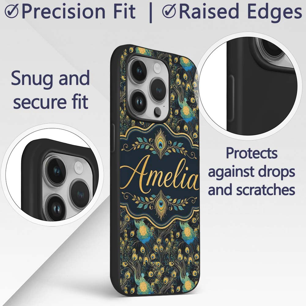 Luxury Dark Peacock Feathers with Gold Details Custom Name Protective Phone Case Mobile Cover Durable Everyday Smartphone Shock Resistant