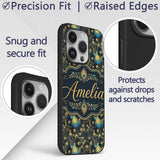 Luxury Dark Peacock Feathers with Gold Details Custom Name Protective Phone Case Mobile Cover Durable Everyday Smartphone Shock Resistant