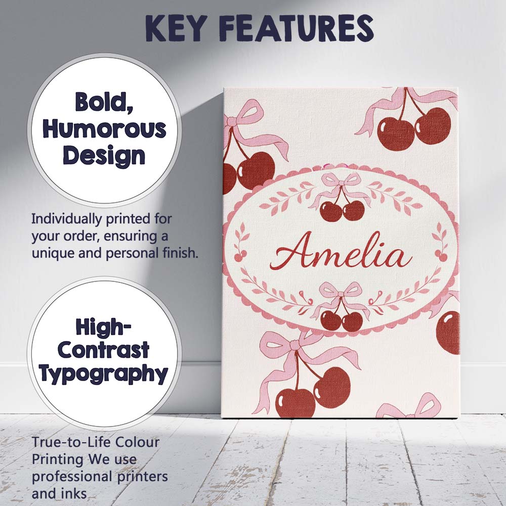 Personalised Name Cherry Bow Ribbon Cute Cream Neutral Background Custom  Bespoke Canvas Wall Art Print Decor Picture Ready to Hang