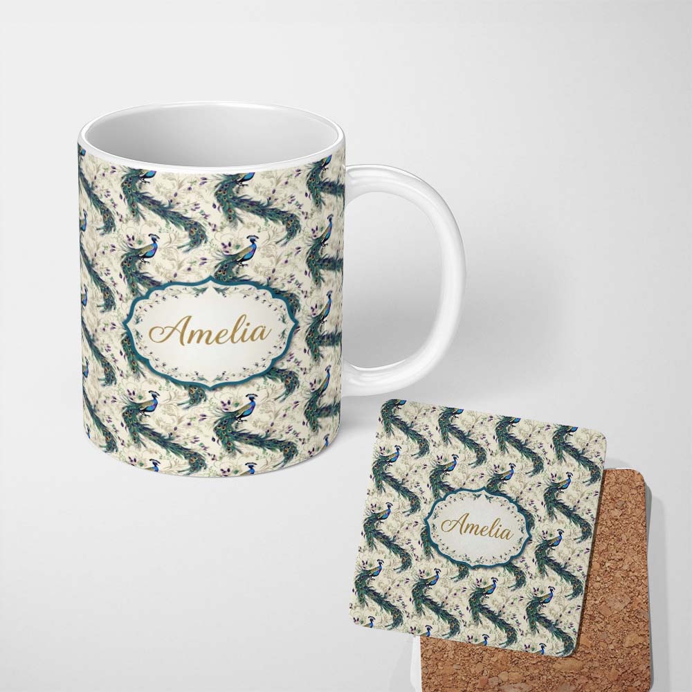 Personalized Custom Name Ornate Peacock Birds with Decorative Floral Swirls Seamless Pattern 11oz Ceramic Coffee Tea Mug White Large Handle