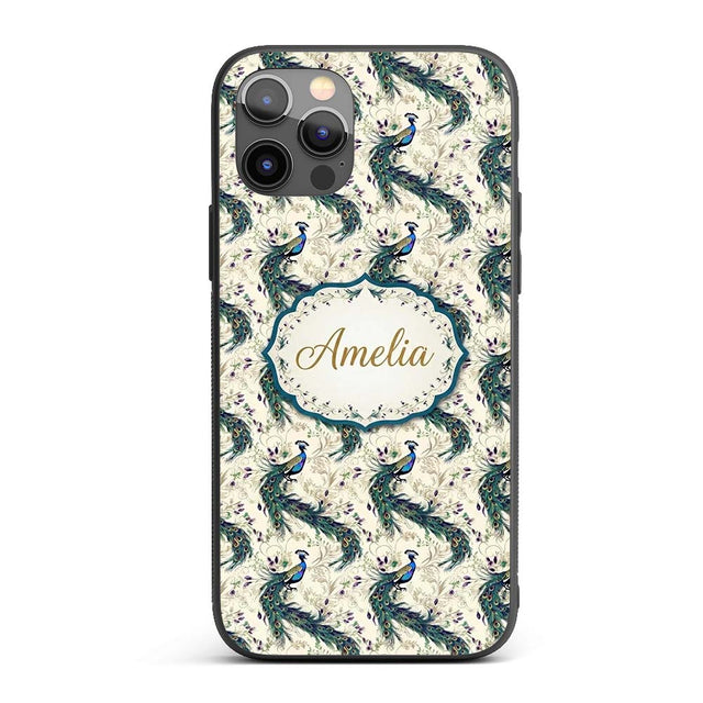 Ornate Peacock Birds with Decorative Floral Printed Design Custom Name Protective Phone Case Mobile Cover Durable Smartphone Shock Resistant