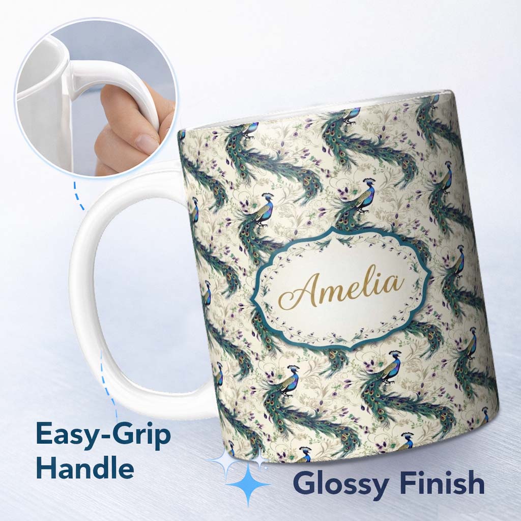 Personalized Custom Name Ornate Peacock Birds with Decorative Floral Swirls Seamless Pattern 11oz Ceramic Coffee Tea Mug White Large Handle