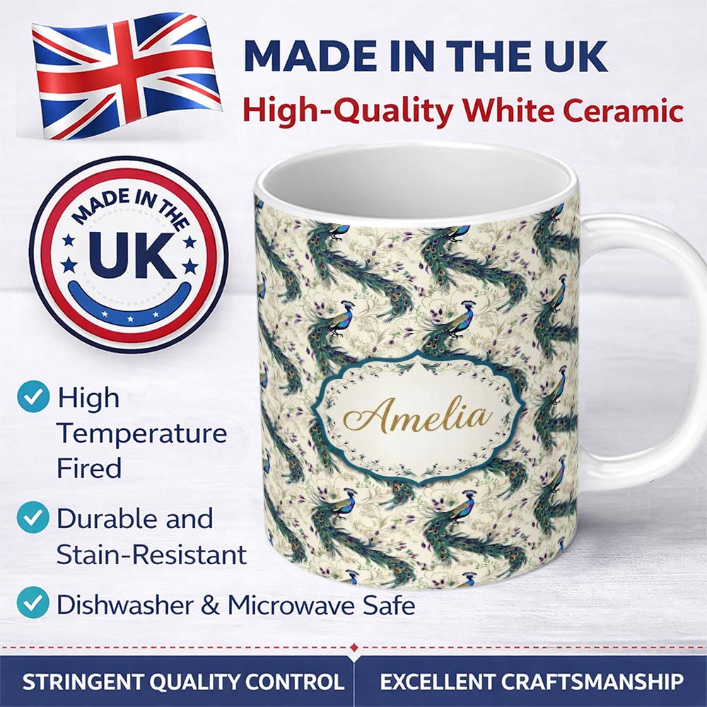 Personalized Custom Name Ornate Peacock Birds with Decorative Floral Swirls Seamless Pattern 11oz Ceramic Coffee Tea Mug White Large Handle