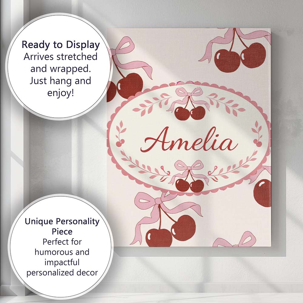 Personalised Name Cherry Bow Ribbon Cute Cream Neutral Background Custom  Bespoke Canvas Wall Art Print Decor Picture Ready to Hang