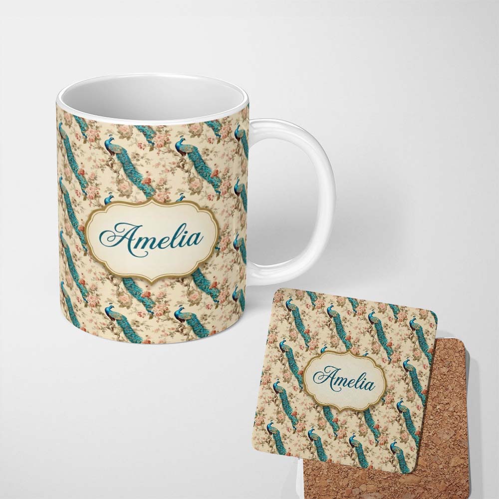 Personalized Custom Name Classic Peacock Birds on Branch with Soft Floral Pattern Name Cute 11oz Ceramic Coffee Tea Mug White Large Handle