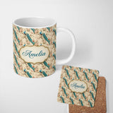 Personalized Custom Name Classic Peacock Birds on Branch with Soft Floral Pattern Name Cute 11oz Ceramic Coffee Tea Mug White Large Handle
