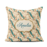 Custom Name Classic Peacock on Branch with Soft Floral Name Cute Square Filled Cushion Throw Pillow Sofa Bed Home Decor Zip Washable UK Made