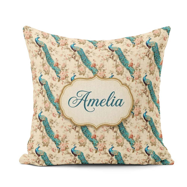 Custom Name Classic Peacock on Branch with Soft Floral Name Cute Square Filled Cushion Throw Pillow Sofa Bed Home Decor Zip Washable UK Made