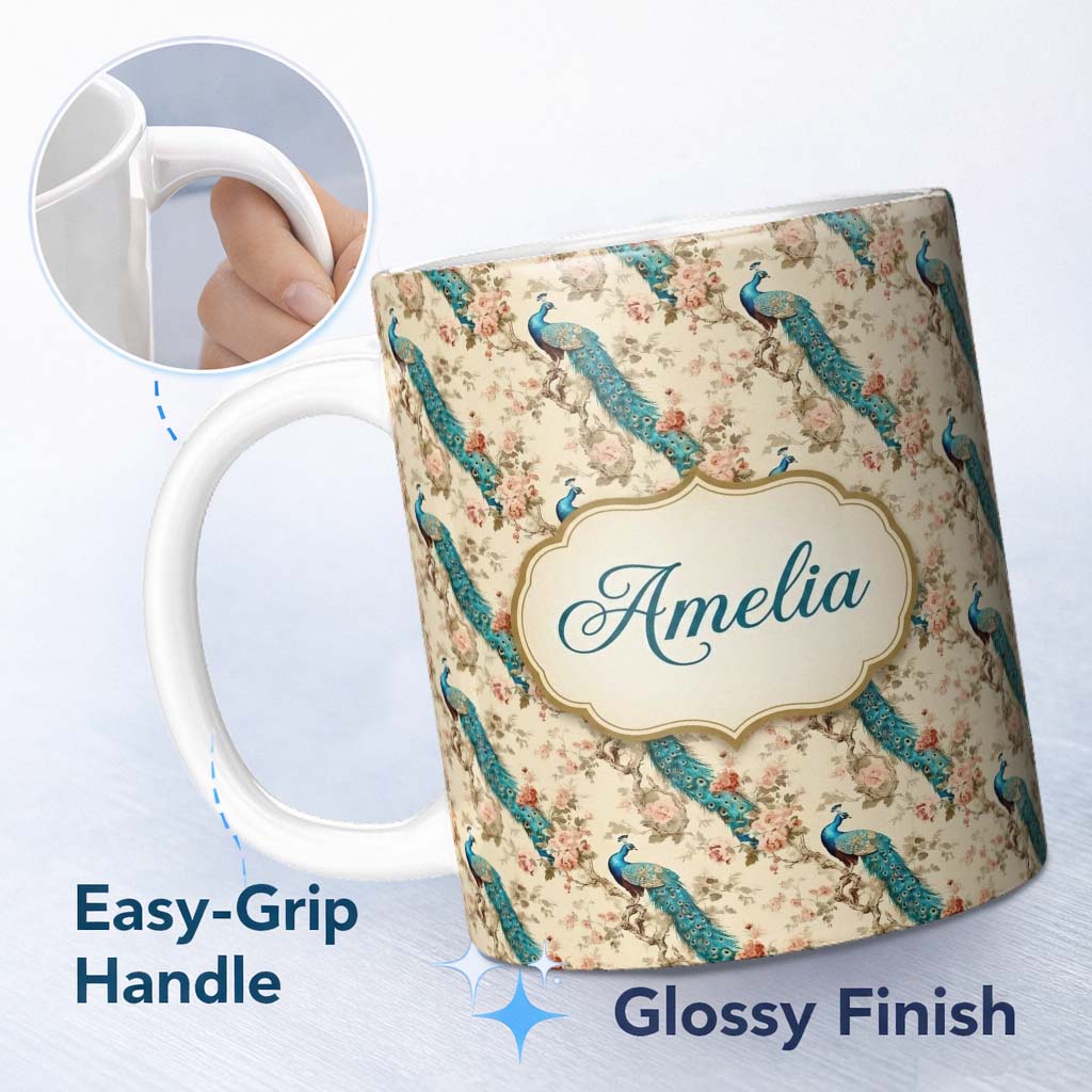Personalized Custom Name Classic Peacock Birds on Branch with Soft Floral Pattern Name Cute 11oz Ceramic Coffee Tea Mug White Large Handle
