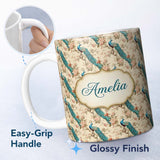 Personalized Custom Name Classic Peacock Birds on Branch with Soft Floral Pattern Name Cute 11oz Ceramic Coffee Tea Mug White Large Handle