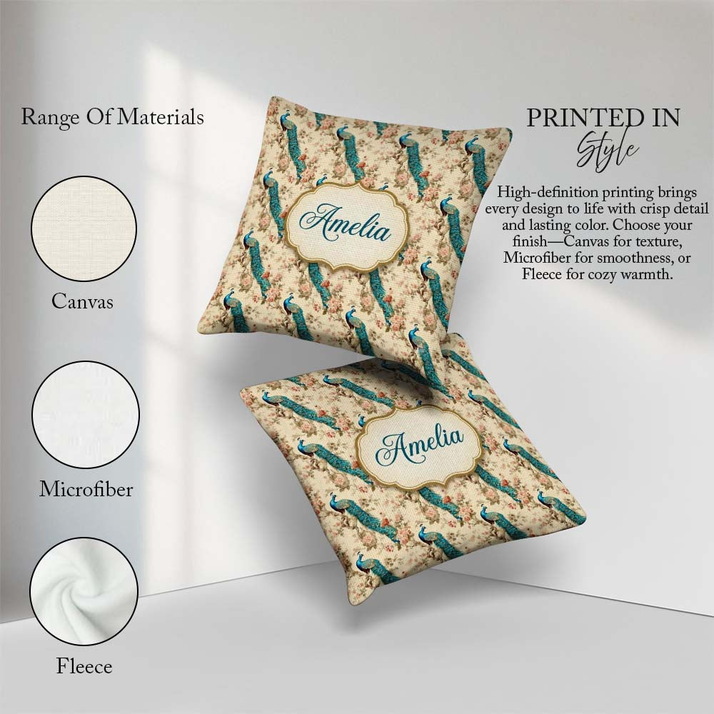 Custom Name Classic Peacock on Branch with Soft Floral Name Cute Square Filled Cushion Throw Pillow Sofa Bed Home Decor Zip Washable UK Made