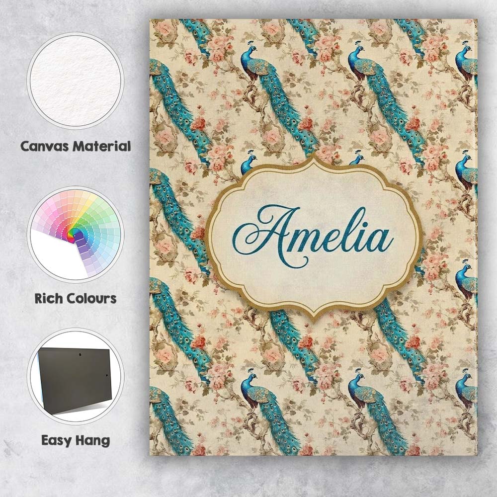 Personalised Name Classic Peacock Birds on Custom  Unique Gift Idea Elegant Feature Canvas Wall Art Print Decor Picture Ready to Hang