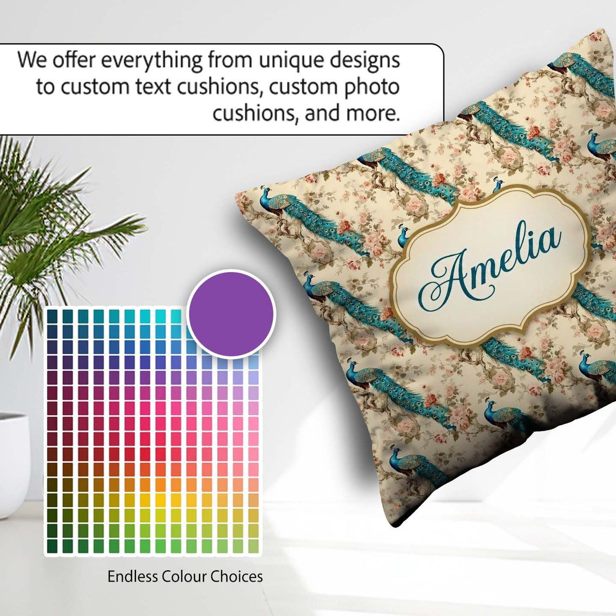 Custom Name Classic Peacock on Branch with Soft Floral Name Cute Square Filled Cushion Throw Pillow Sofa Bed Home Decor Zip Washable UK Made