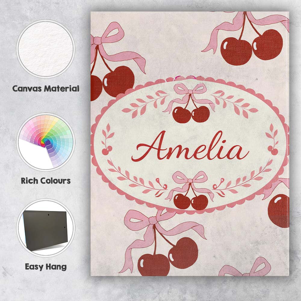 Personalised Name Cherry Bow Ribbon Cute Cream Neutral Background Custom  Bespoke Canvas Wall Art Print Decor Picture Ready to Hang