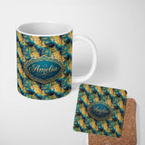 Personalized Custom Name Vibrant Abstract Peacock Feathers Artistic Seamless Pattern Name 11oz Ceramic Coffee Tea Mug White Large Handle