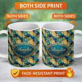 Personalized Custom Name Vibrant Abstract Peacock Feathers Artistic Seamless Pattern Name 11oz Ceramic Coffee Tea Mug White Large Handle