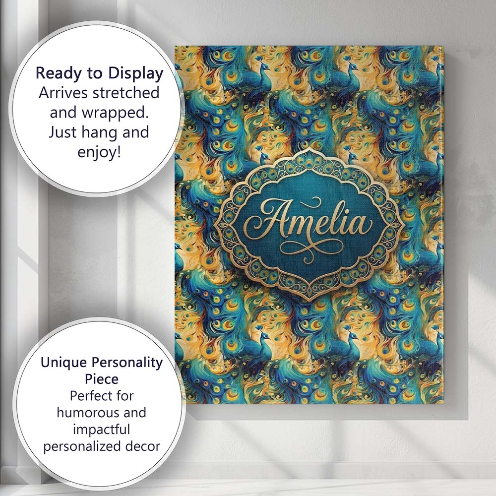 Personalised Name Vibrant Abstract Peacock Custom  Unique Gift Idea Elegant Feature Canvas Wall Art Print Decor Picture Ready to Hang