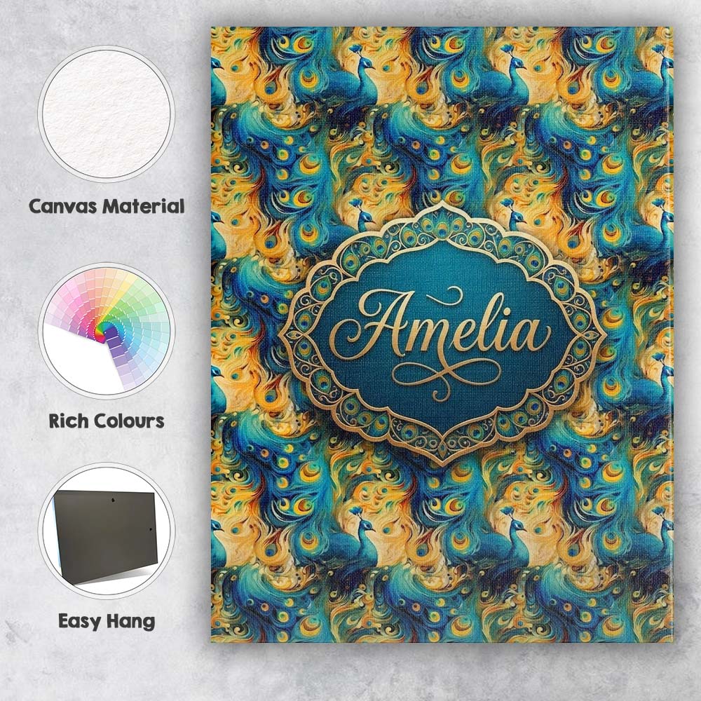 Personalised Name Vibrant Abstract Peacock Custom  Unique Gift Idea Elegant Feature Canvas Wall Art Print Decor Picture Ready to Hang
