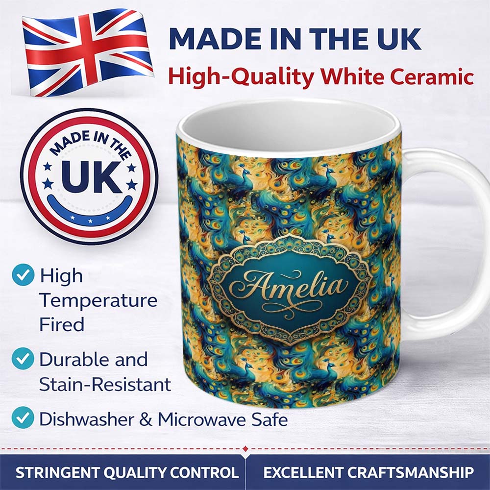 Personalized Custom Name Vibrant Abstract Peacock Feathers Artistic Seamless Pattern Name 11oz Ceramic Coffee Tea Mug White Large Handle