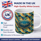 Personalized Custom Name Vibrant Abstract Peacock Feathers Artistic Seamless Pattern Name 11oz Ceramic Coffee Tea Mug White Large Handle