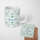 Personalized Custom Name Elegant Peacock Birds with Flowing Feather Trails Seamless Pattern 11oz Ceramic Coffee Tea Mug White Large Handle