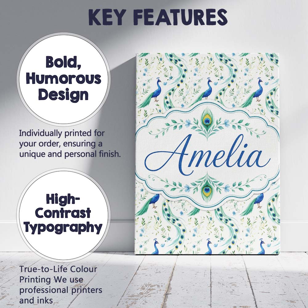 Personalised Name Elegant Peacock Birds Custom  Unique Gift Idea Modern Room Accent Canvas Wall Art Print Decor Picture Ready to Hang