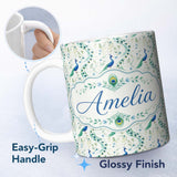 Personalized Custom Name Elegant Peacock Birds with Flowing Feather Trails Seamless Pattern 11oz Ceramic Coffee Tea Mug White Large Handle