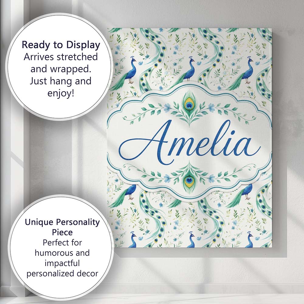 Personalised Name Elegant Peacock Birds Custom  Unique Gift Idea Modern Room Accent Canvas Wall Art Print Decor Picture Ready to Hang