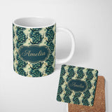 Personalized Custom Name Art Deco Style Peacock with Ornate Feather Display Seamless Pattern 11oz Ceramic Coffee Tea Mug White Large Handle