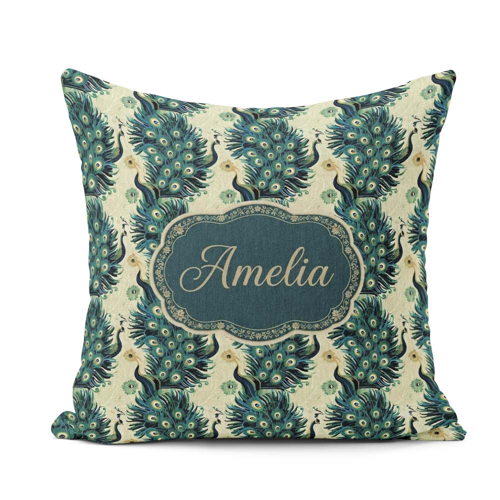 Custom Name Art Deco Style Peacock with Feather Display Seamless Square Filled Cushion Throw Pillow Sofa Bed Home Decor Zip Washable UK Made