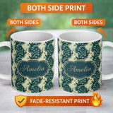 Personalized Custom Name Art Deco Style Peacock with Ornate Feather Display Seamless Pattern 11oz Ceramic Coffee Tea Mug White Large Handle