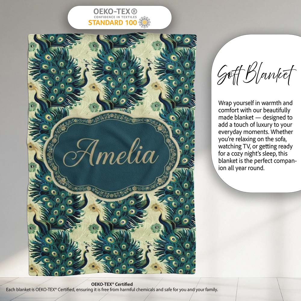 Art Deco Style Peacock with Ornate Feather Display Seamless Pattern  Personalised Custom Name Super Soft Fleece Blanket Bed Sofa Throw