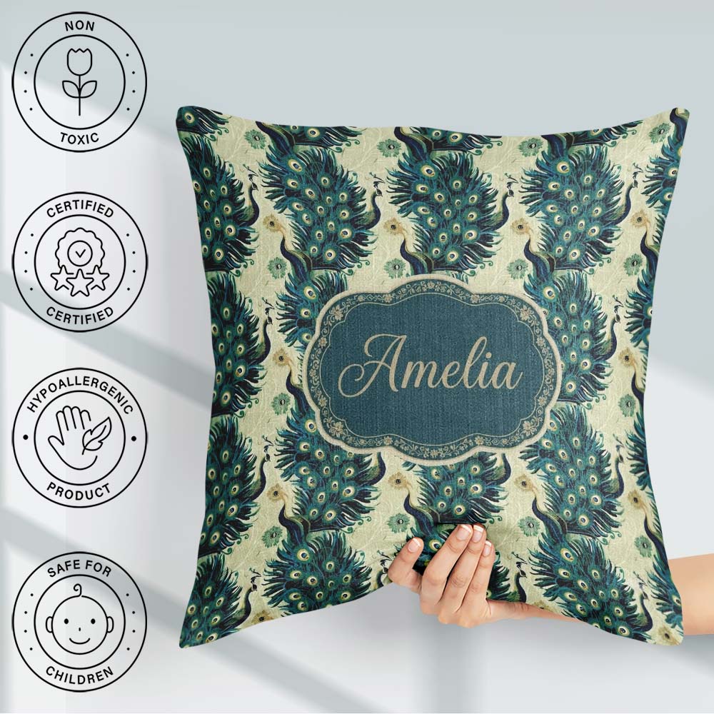 Custom Name Art Deco Style Peacock with Feather Display Seamless Square Filled Cushion Throw Pillow Sofa Bed Home Decor Zip Washable UK Made