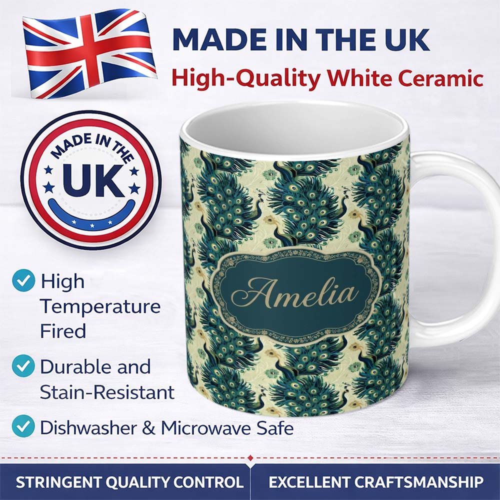 Personalized Custom Name Art Deco Style Peacock with Ornate Feather Display Seamless Pattern 11oz Ceramic Coffee Tea Mug White Large Handle