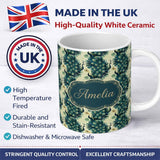 Personalized Custom Name Art Deco Style Peacock with Ornate Feather Display Seamless Pattern 11oz Ceramic Coffee Tea Mug White Large Handle