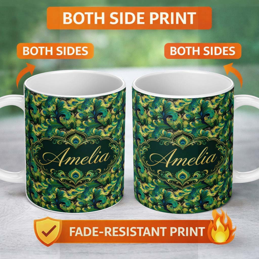 Personalized Custom Name Abstract Peacock Feather Swirl in Green Blue Tones Seamless Pattern 11oz Ceramic Coffee Tea Mug White Large Handle
