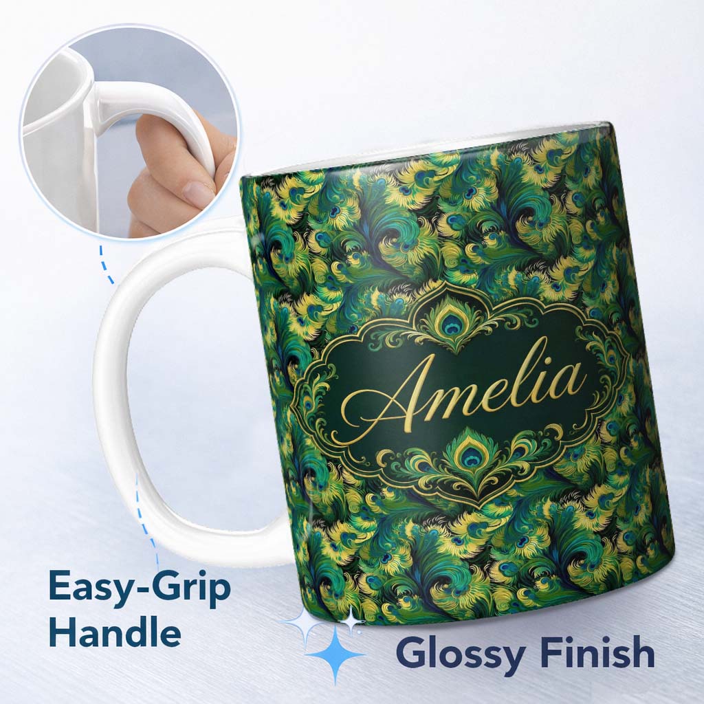 Personalized Custom Name Abstract Peacock Feather Swirl in Green Blue Tones Seamless Pattern 11oz Ceramic Coffee Tea Mug White Large Handle