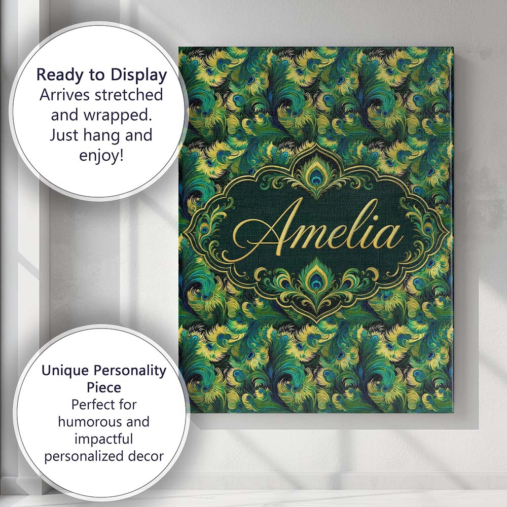Personalised Name Abstract Peacock Feather Custom  Unique Gift Idea Elegant Feature Canvas Wall Art Print Decor Picture Ready to Hang
