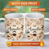 Personalized Custom Name Vintage Orange Rose Floral Pattern on Beige Background Seamless 11oz Ceramic Coffee Tea Mug White Large Handle