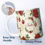 Personalized Custom Name Vintage Christmas Floral Holly Ornament Festive Seamless Pattern 11oz Ceramic Coffee Tea Mug White Large Handle