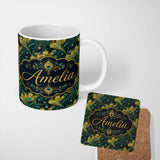Personalized Custom Name Luxury Gold and Teal Peacock Feather Ornamental Seamless Pattern 11oz Ceramic Coffee Tea Mug White Large Handle