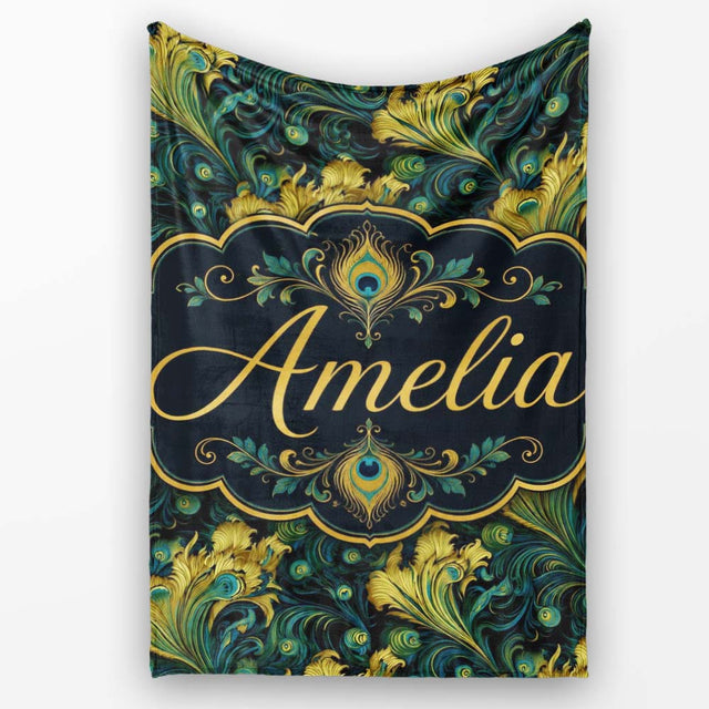 Luxury Gold and Teal Peacock Feather Ornamental Seamless Pattern  Personalised Custom Name Super Soft Fleece Blanket Bed Sofa Throw